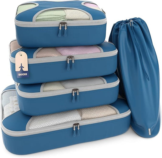 Shacke Packing Cubes for Travel 5 Set - Compression Luggage Organizer Bags - Versatile Travel Organizer for Women and Men - Optimized Packing Bags - Travel Essentials (Navy Blue)