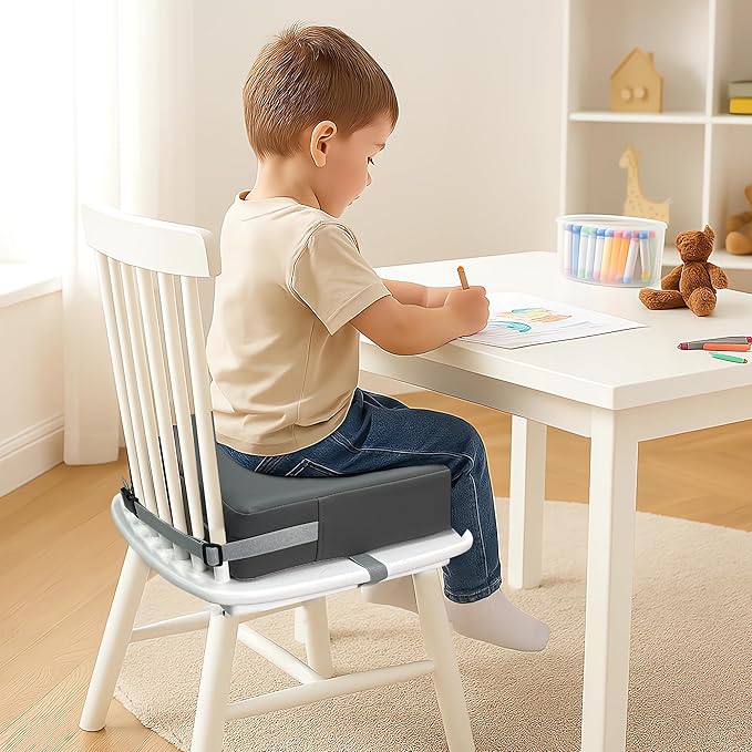 Toddler Booster Seat Dining Table Kitchen Chair, Waterproof Anti-Scratch PU Cushion, Non-Slip Bottom, Adjustable Buckle Straps, Easy Clean Portable Seat Cushion (Dark Grey)