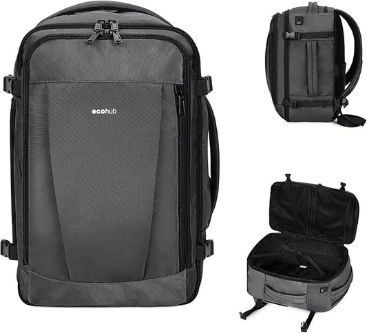 ECOHUB Travel Backpack 18x14x8 Spirit Airlines Personal Item Bag Carry On Backpack 13 Pockets Large Work Casual Daypack for men Airline Approved Waterproof Gym Backpack with Charging Port, Light Grey