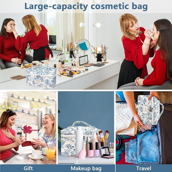 Large Makeup Bag, Cute Cosmetic Bag for Women Girls, Floral Coquette Aesthetic Toiletry Bag, Travel Make Up Organizer Bag (Navy Blue)