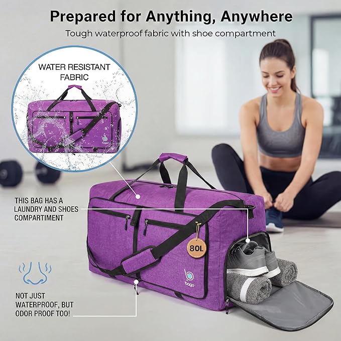 Bago Large Duffle Bag for Travel Women & Men. Durable Lightweight Foldable Travel Duffel Bags For Traveling Women. 80L Duffle Bags For Overnight Bag With Shoe Compartment Collapsible Weekender duffel