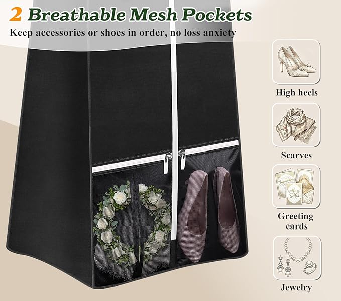 SLEEPING LAMB 72'' Bridal Wedding Gown Dress Garment Bag 15'' Gusseted Garment Cover Shoe Pockets Travel Garment Storage Bag for Prom, Evening Gowns, Black