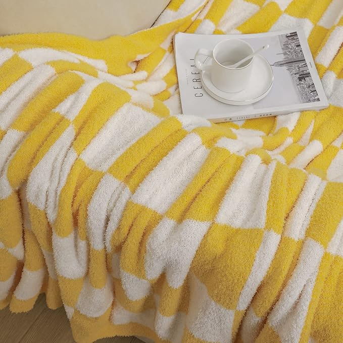bearberry Fuzzy Checkerboard Grid Throw Blanket Soft Cozy Warm Microfiber Bed Blanket Decor for Couch Sofa Bed Travel Home (Yellow, 60''x80'')