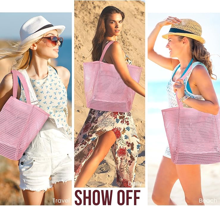 Beach Bags for Women, Summer Travel Mesh Tote Bag with Large Inner Pocket, Sandproof Woven Shoulder Handbag