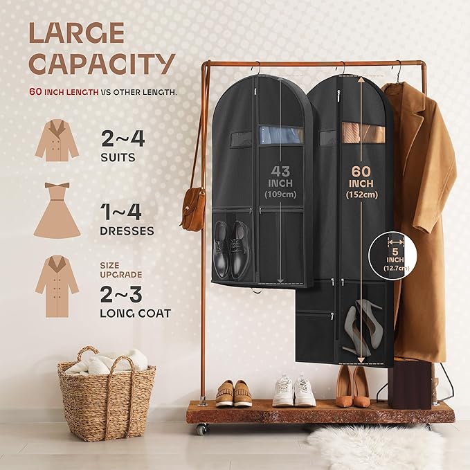 Lazebox 60 inch Garment Bags for Closet Storage and Travel with Zipper Pocket, Heavy Duty Waterproof Hanging Suit Bag with Handles for Suits, Coats, Jackets, Shirts, 1 pack
