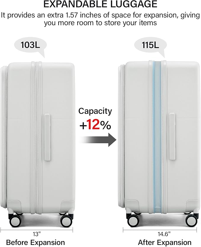 Hanke 28 Inch Expandable Checked Luggage with Cup Holder and Charger Port, Top Opening Hard Shell Large Suitcases with Wheel, Big Travel Rolling Suitcase Trunk Luggage with Lock,Smoke White