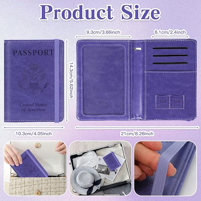 Passport Holder for Travel, RFID Blocking Passport Cover with Pen Holder Leather Passport Wallet Case Travel Must Haves Accessories Passport Book Card Holder for Family Travel Essentials, Dark Purple