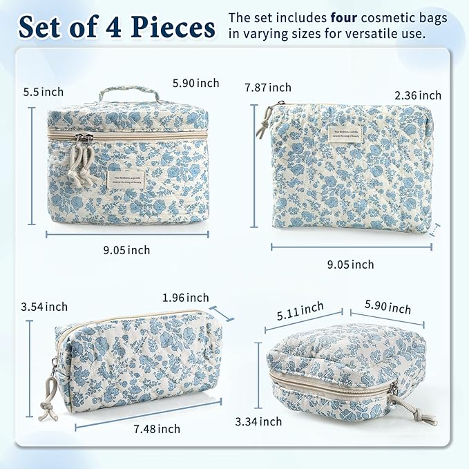Cute Makeup Bag for Women(2 Pcs), Travel Cosmetic Bags, Quilted Coquette Aesthetic Floral Toiletry Organizer Bag (46 - Sky Blue/4Pcs)
