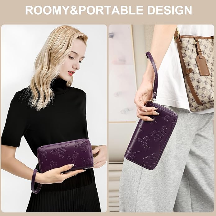yiijay Womens Wallet RFID Blocking Large Capacity Vegan Leather Double Zip Wristlet Wallet Card Holder Travel Ladies Clutch