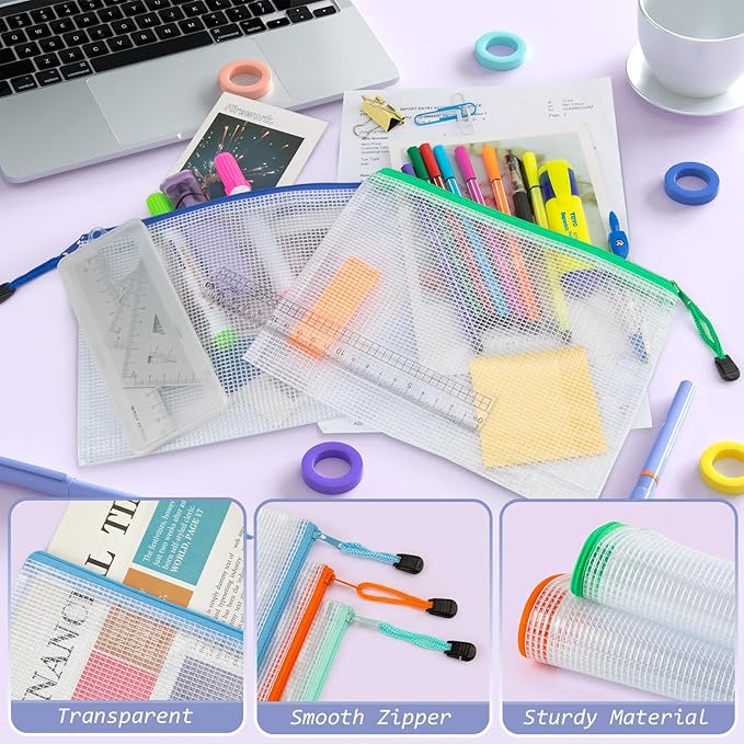Umriox 48pcs Small Zipper Pouch, Mesh Bags with Zipper, 9.5" x 7.1"/A5 Size 16 Color Pencil Pouches, Storage Bags for Puzzles, Office and Travel Supplies