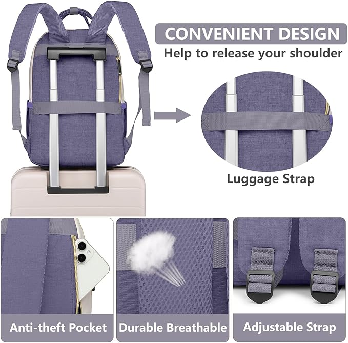 Laptop Backpack for Women Work Bag - 15.6 inch Travel Backpack Purse with USB Charger College Bookbag Waterproof Cute Casual Daypack Business Computer Backpacks for Teacher Nurse Beige Light Purple