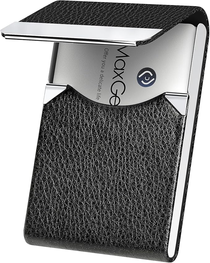 MaxGear Business Card Holder, PU Leather Business Card Case Pocket Card Holders for Men or Women, Metal Slim Name Card Holder RFID Blocking Business Card Carrier with Magnetic Closure, Black