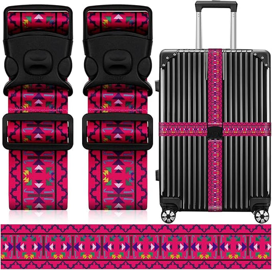 2 Pack Luggage Straps for Suitcases, Adjustable Travel Belt with Double Lock and Quick Release Buckle, Heavy Duty Nylon Bag Packing Strap, Bright Identifiers Business Travel Accessories-Pink Totem