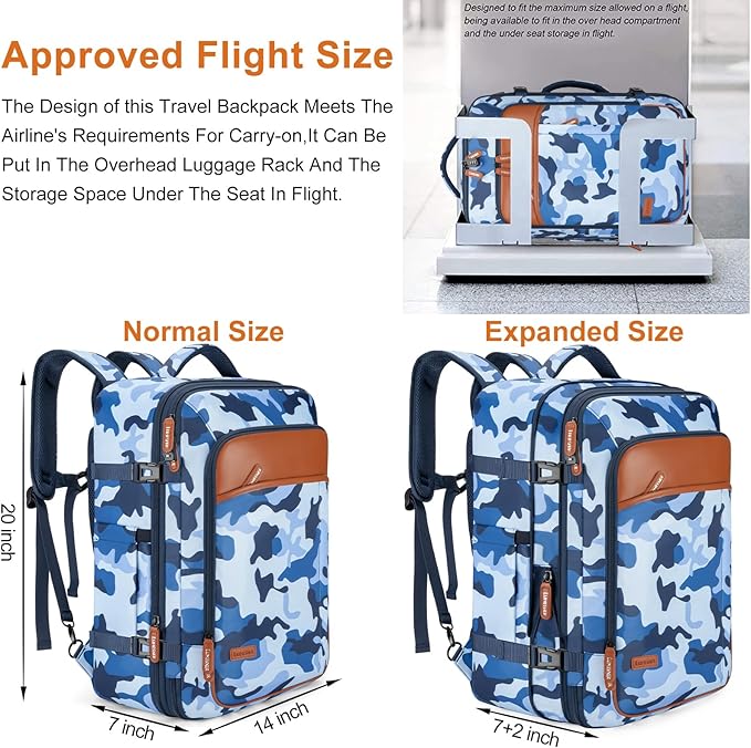 Lumesner Carry on Travel Backpacks, Extra Large 40L Flight Approved for Men & Women,Expandable Suitcase backpack (Camouflage Blue(Backpack With 4 Packing Cubes))