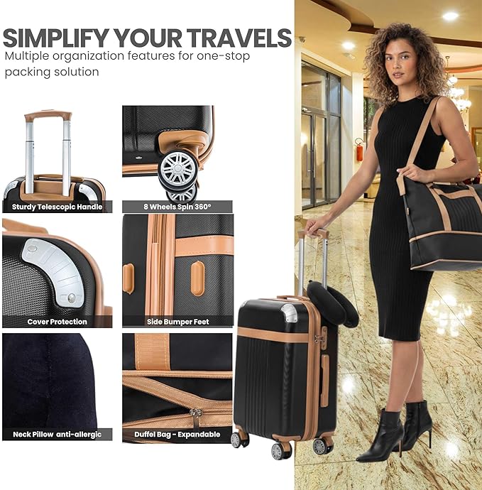 Santino Luggage Sets 3 Piece Carry On Luggage Set 20 Inch Hardshell & Lightweight PP Luggage Suitcase with Detachable Spinner Wheels & TSA Lock 20" Suitcase with Duffel & U-shaped pillow
