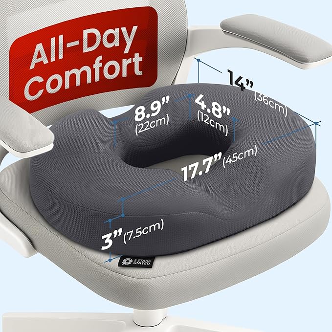 5 STARS UNITED Donut Pillow Hemorrhoid Tailbone Cushion – Large Floor Cushion for Pain Relief – Coccyx, Prostate, Sciatica, Pelvic Floor, Pressure Sores, Pregnancy, Postpartum Recovery, Dark Gray