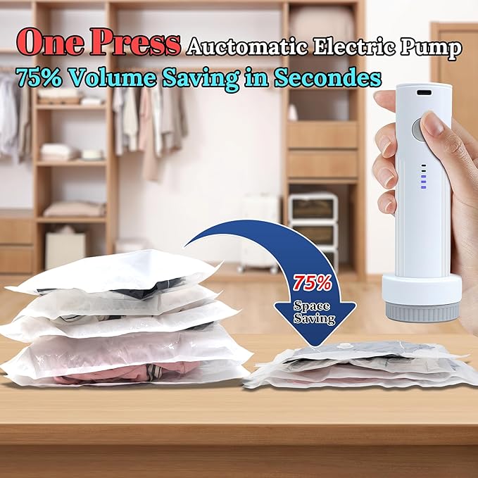 Vacuum Sealing Bags for Clothing Travel,Space Saver Vacuum Storage Bags with Air Pump,Compression Packing for Luggage and Clothes Travel (15 Combo Bags+Electric Pump)