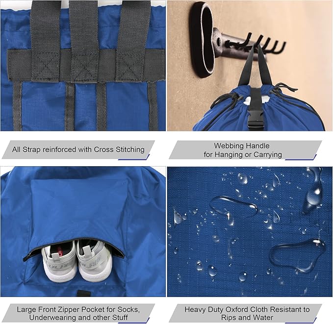 BeeGreen Laundry-Bag-Backpack-Heavy-Duty, Royal Blue Nylon Drawstring Portable Laundry Backpack Tall Foldable Extra Large Dirty Clothes Travel Bag with Handle College Dorm Apartment Essentials
