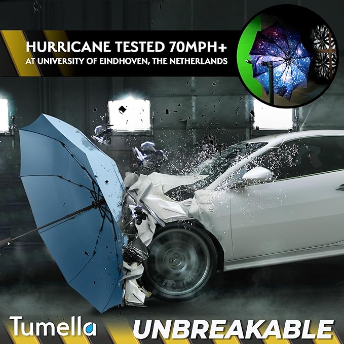 TUMELLA Strongest Windproof Travel Umbrella (Compact, Superior & Beautiful), Small, Wind-Tested, Light & Portable, Automatic Folding Rain Umbrella, Durable Premium Grip, Fits Car and Backpack