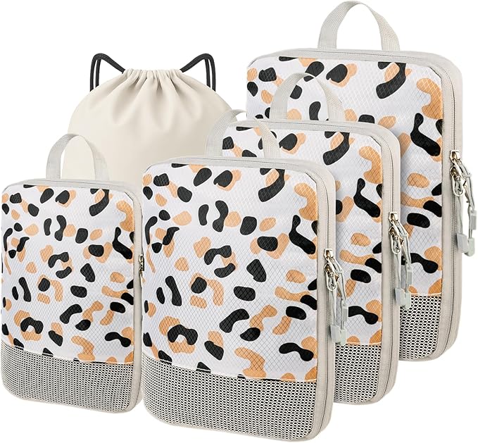 5 Set Packing Cubes For Travel Essentials, Luggage Packing Organization Cubes Suitcase Organizer Bags Set (Leopard)