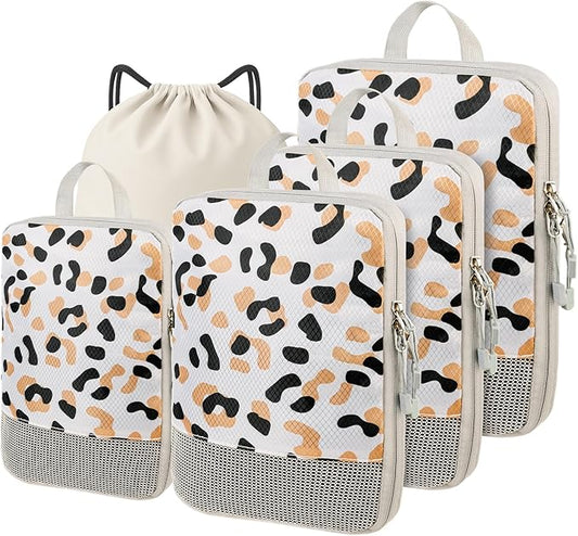5 Set Packing Cubes For Travel Essentials, Luggage Packing Organization Cubes Suitcase Organizer Bags Set (Leopard)