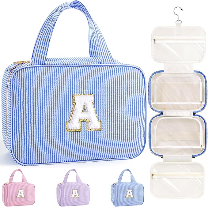 TOPEAST Gifts for Girls Women - Travel Hanging Toiletry Bag & Makeup Bag, Personalized Initial Toiletry Pouch, Birthday Gifts for Women Teen Girls, Cruise Essentials, Blue A