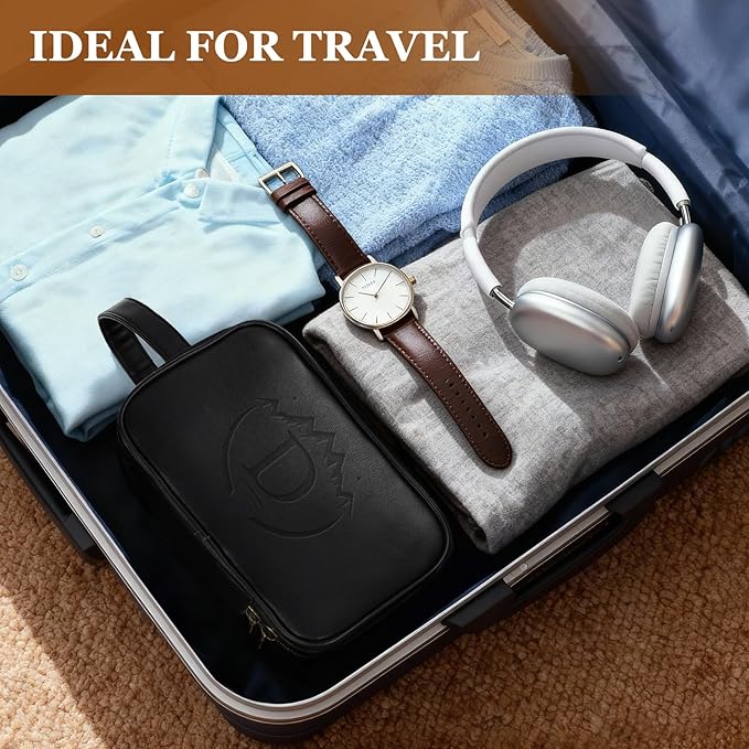 Travel Toiletry Bag for Men,Mens Shaving Bags for Toiletries,Men's Toiletry Travel Bag PU Leather,Personalized Travel Essentials,Birthday Gifts For Men,Black- D