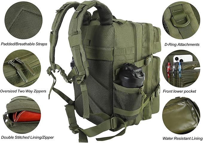 LHI Military Tactical Backpack for Men and Women 45L Army 3 Days Assault Pack Bag Large Rucksack with Molle System - Green