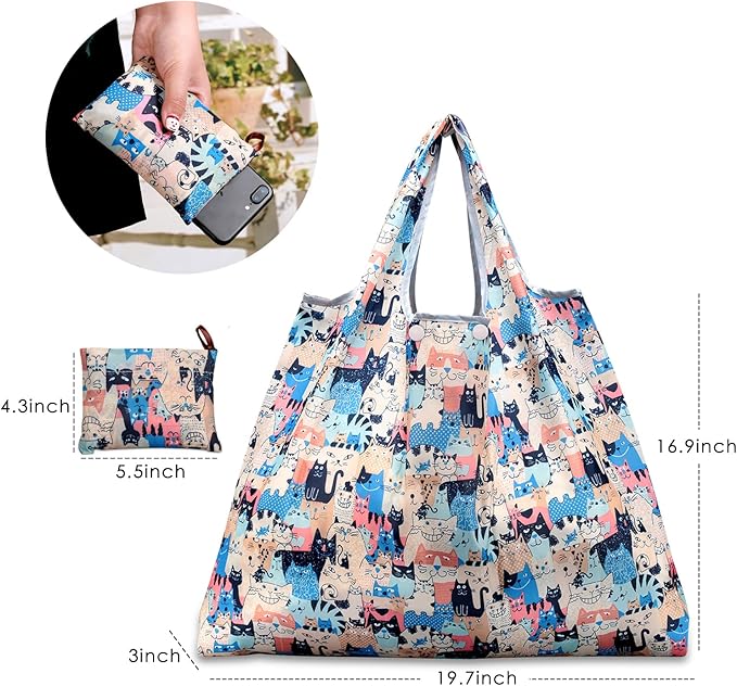 KINGMAS Reusable Grocery Bags, Eco-Friendly Folding Tote Shopping Bag fits in Pocket, Washable Waterproof Nylon Pouch Bags