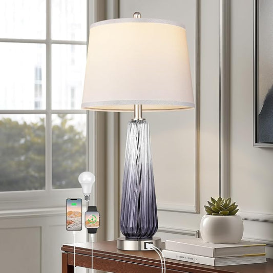 Modern Glass Table Lamps, 27.5" Bedside Lamps for Living Room, Grey, 1 Pack | 2 LED 3-Way Dimmable Bulb Included, Touch Control, USB A+C Charging Ports, Bedroom Nightstand Lamp, Gradient Glass, 2700K