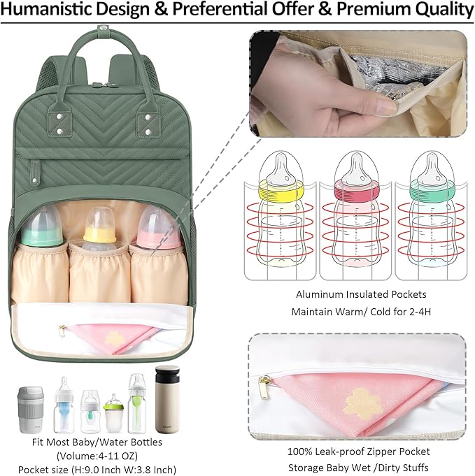 Diaper Bag Backpack Tote with Insulated Pockets for Men Baby Boys Girls Newborn Unisex Tactical Large Capacity, Multifunctional Waterproof Green