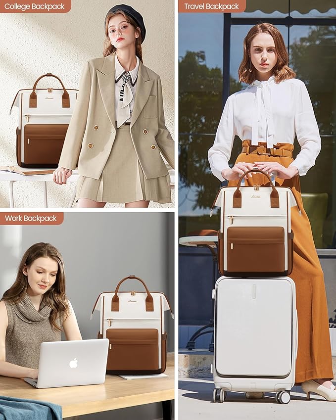 LOVEOVOOK 15.6 Inch Laptop Backpack for Women, Large Capacity Travel Backpack with USB Charging Port, Waterproof Work Backpack for Business, College, Nursing & Airline Travel,Brown White