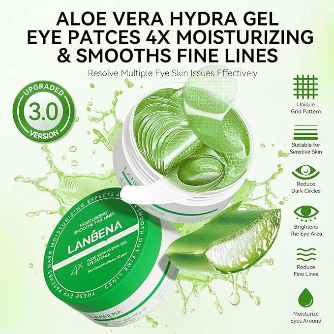 LANBENA Aloe Vera Under Eye Patches for Puffy Eyes and Dark Circles Collagen Eye Gels Mask - Skin Treatment Pads Hydration and Skin Elasticity-30 Pairs
