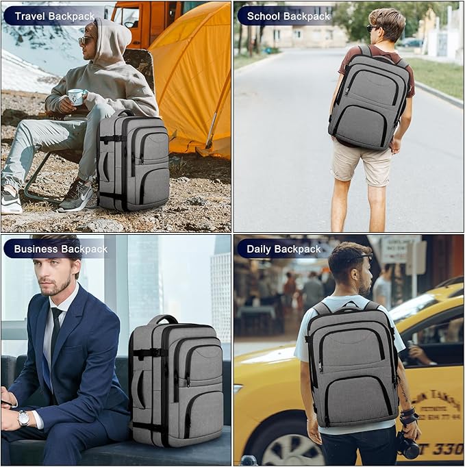Large Travel Backpack, Laptop Backpack for women, Expandable 52L Carry On Backpack, Airline Approved Water Resistant Weekender 18.4 Inch Laptop Backpack, Business Computer Bag with USB Port, Grey