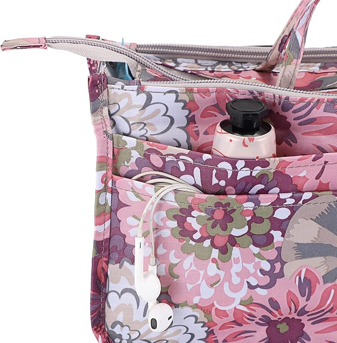 BTSKY Printing Handbag Organizers Inside Purse Insert - High Capacity 13 Pockets Bag Tote Organizer with Handle (Peony)