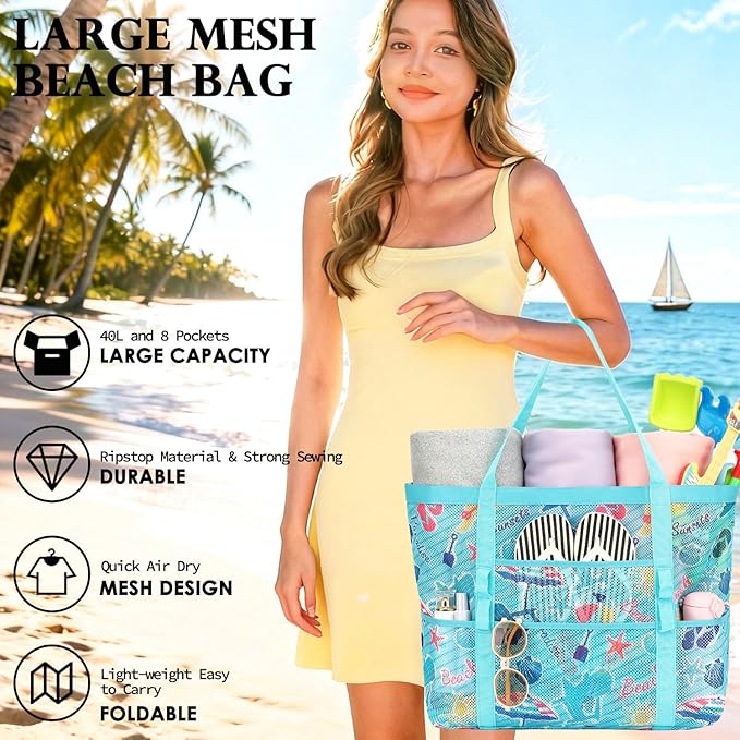 Fammart Mesh Beach Bag, Large Beach Tote with Zipper Pocket, Toys Pool Bag for Family Travel Vacation Cruise Essentials