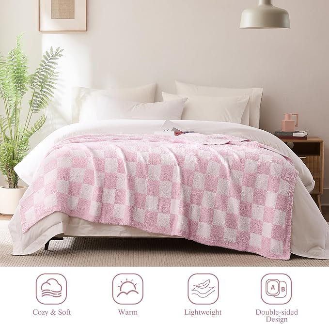 Checkered Throw Blanket, Pink Soft Cozy Fluffy Knitted Throw Blankets for Couch, Sofa, Bed, Chair, Warm Fuzzy Travel Picnic Lightweight Plaid Blanket, 50x70 inches