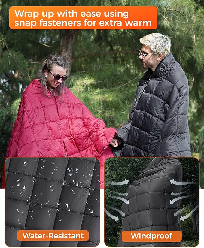 KingCamp Ultralight Camping Blanket, Packable Down Alternative Puffy Wearable Blankets Weatherproof Warm Package Quilt with Snap Buttons for Outdoor Hiking Travel Picnic Stadium (78.7" x 56.7", BLACK)