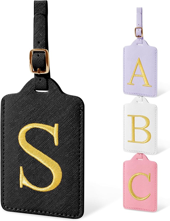 Personalized Initial Luggage Tags for Suitcases, Cute PU Leather Embroidered Letter Travel Luggage Tags, Suitcase Identifier Name Baggage Tag, Bag Tags for Men Women Kids Luggage Handbags(Black S)