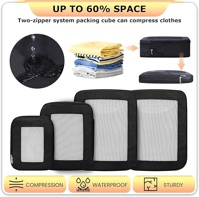 Ultralight Compression Packing Cubes Travel for Suitcases ，Compressible Mesh Packing Cubes for Travel Women Packing Organizers 4 Set