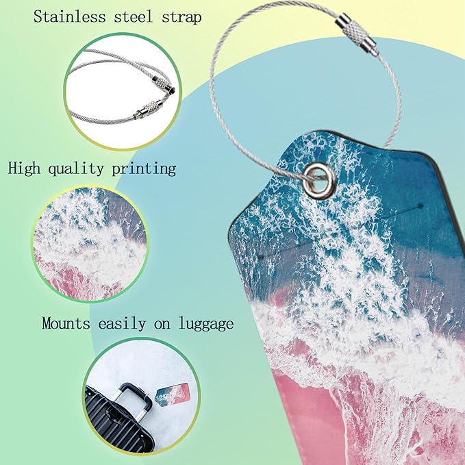 Luggage Tags for Suitcase,2 Pack Pink Beach Blue Ocean Luggage Tag PU Leather Privacy Cover ID Label with Stainless Steel Loop for Women Men Teens Travel