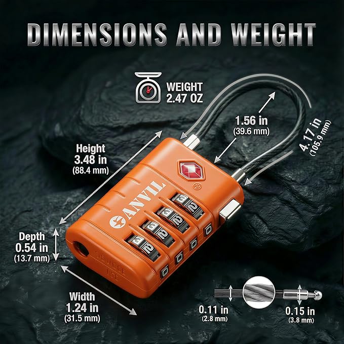 ANVIL TSA Approved Luggage Locks with Search Alert Indicator, 4-Digit Combination Suitcase Lock, Advanced TSA008 Core Heavy Duty Anti-Theft Travel Lock for Double Zippers, Backpacks (4, Orange)