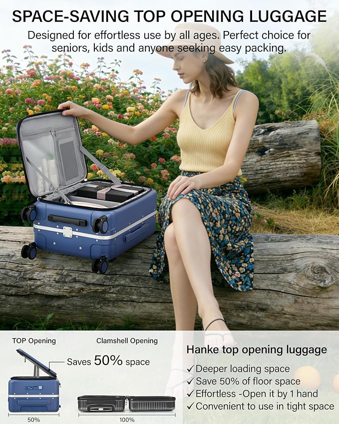 Hanke 20 Inch Top Opening Carry On Luggage, Hard Shell Suitcase with Cup Holder,USB Charging Port, Aluminum Frame with TSA Lock, 8 Spinner Wheels, Dry-Wet Separation & Removable Dividers