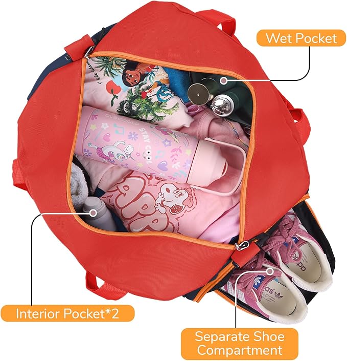 WOOMADA Kids Duffle Bag for Boys or Girls, Kids Overnight Bag with Shoe Compartment＆Wet Pocket, Ideal for School Practice, Sports, Travel(red&dark blue)