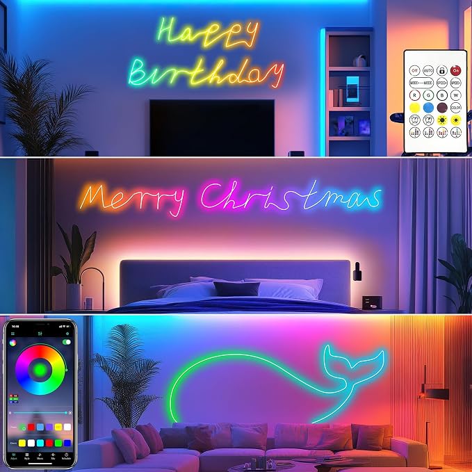 Cozylady RGB Neon Light LED Rope Light,Waterproof Bluetooth APP Remote Control Music Sync Strip Light,24V Flexible DIY Silicone Light for Bedroom Home Indoor Outdoor Decoration(15m/50ft)