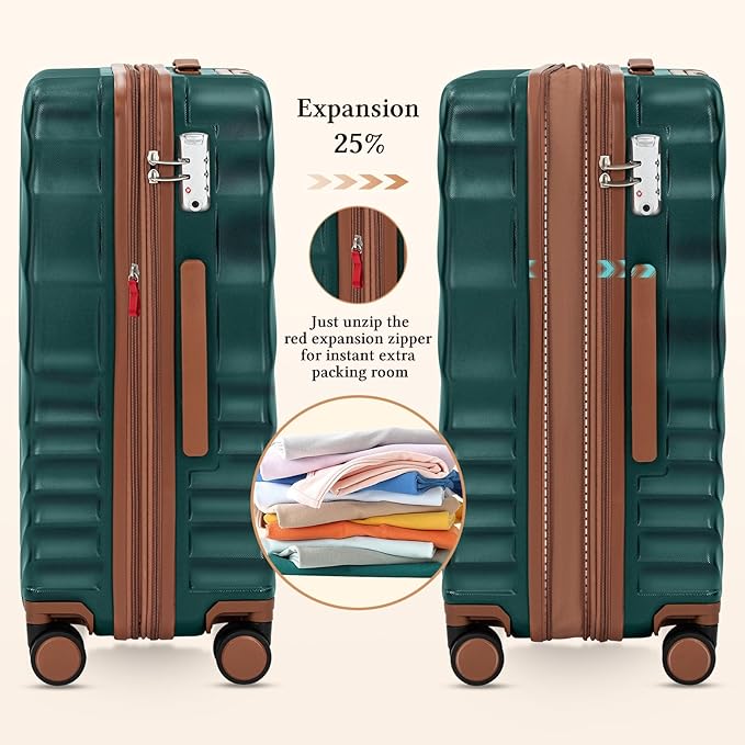 5 piece Luggage Set Expandable Suitcase 22x14x9 Airline Approved Carry on, ABS Hard Case Suitcases with Spinner Wheels, TSA Lock (Dark Green)