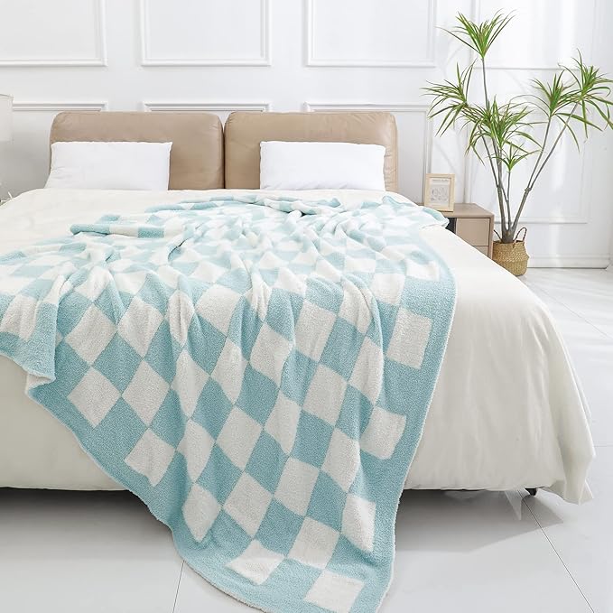 bearberry Fuzzy Checkerboard Grid Throw Blanket Soft Cozy Warm Microfiber Bed Blanket Decor for Couch Sofa Bed Travel Home (Baby Blue, 60''x80'')