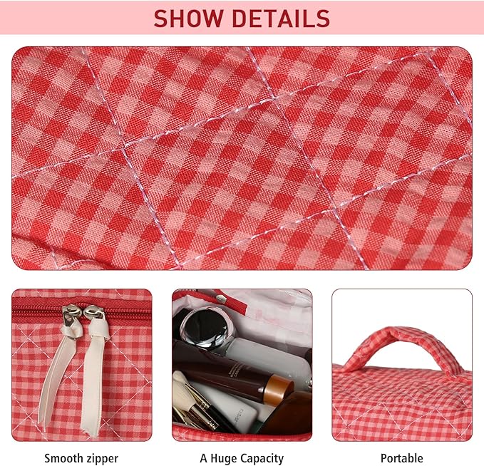 Large Makeup Bag, Cute Cosmetic Bag for Women Girls, Floral Coquette Aesthetic Toiletry Bag, Travel Make Up Organizer Bag(Red Checkered)