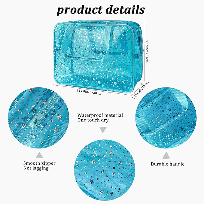 Holographic Star Large Light Blue Makeup Cosmetic Organizer Bag and Travel Pouch with Handle,Durable Material,Zipper Design-Ideal for Makeup,Travel Essentials (Blue)