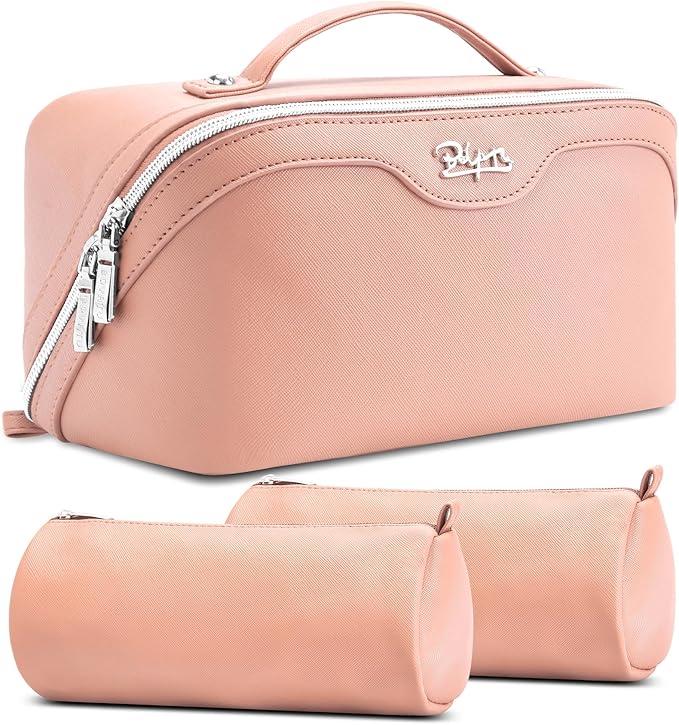 BOYATU Travel Makeup Bag Organizer Cosmetic Bag: 3 Pcs Set Make up Bags for Women with Handle - Waterproof Vegan Leather Toiletry Bags Travel Essentials Pouch with Compartments (C-05-Pink)